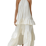 VESTIDO MAXI MARFIL CON CUELLO HALTER Y VOLANTES EN CAPAS - VALERINA MARBELLA