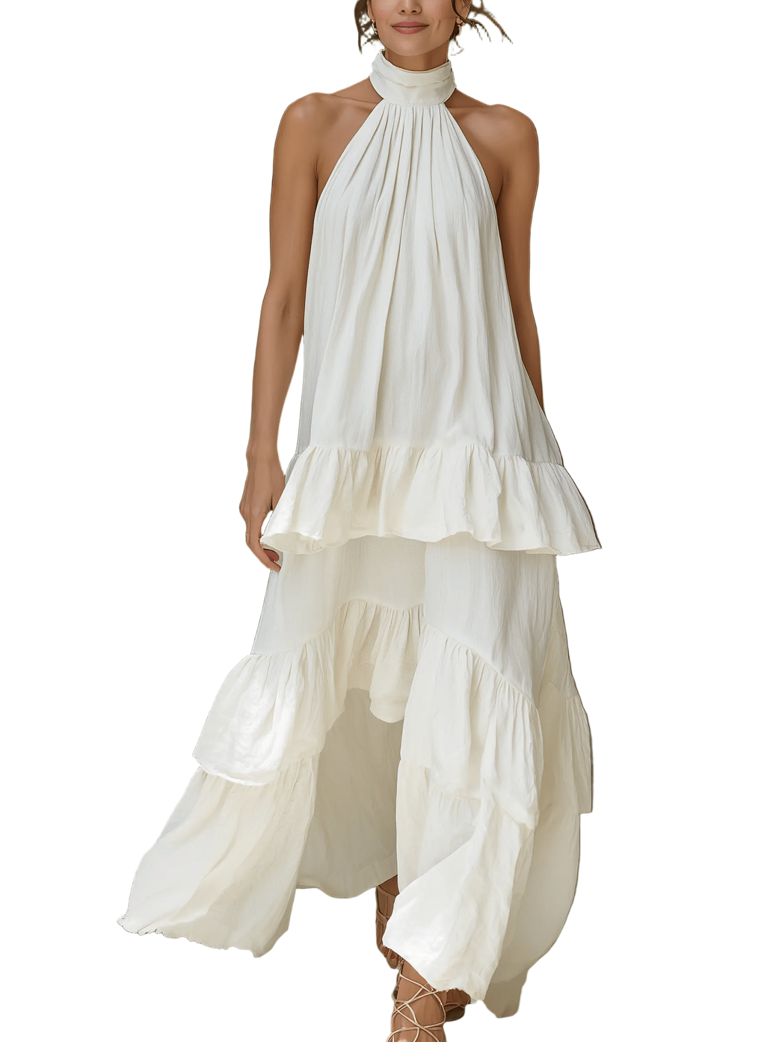 VESTIDO MAXI MARFIL CON CUELLO HALTER Y VOLANTES EN CAPAS - VALERINA MARBELLA