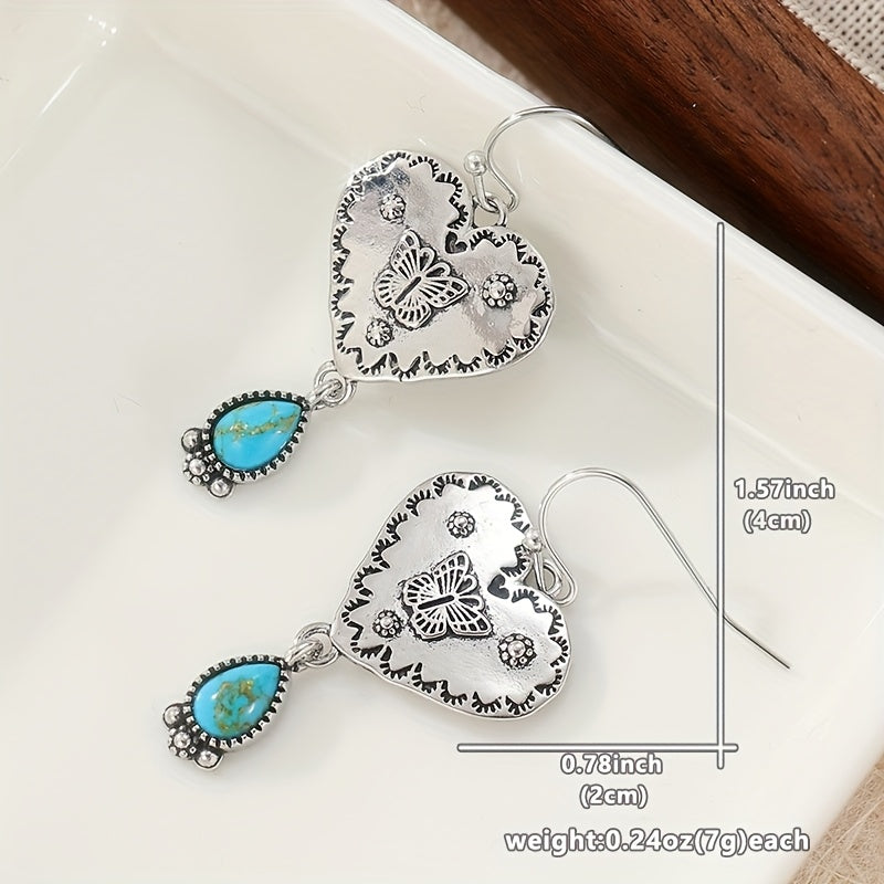 PENDIENTES ARTISANAL PLATA BOHEMIO TURQUESA CORAZÓN MARIPOSA