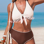 Stylish Color-blocked Trim High-waisted Two-piece Stretch Bikini Swimsuit