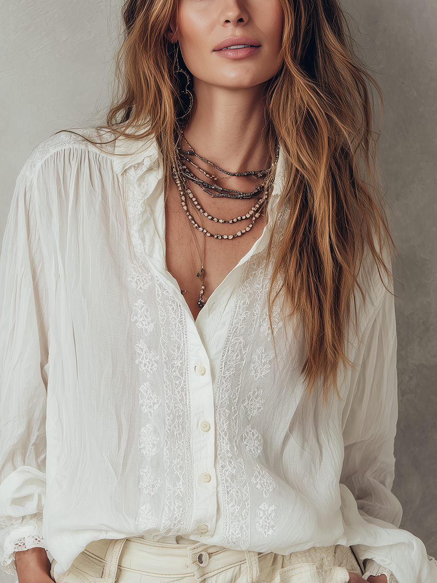 Classic Bohemian-style Embroidered White Shirt