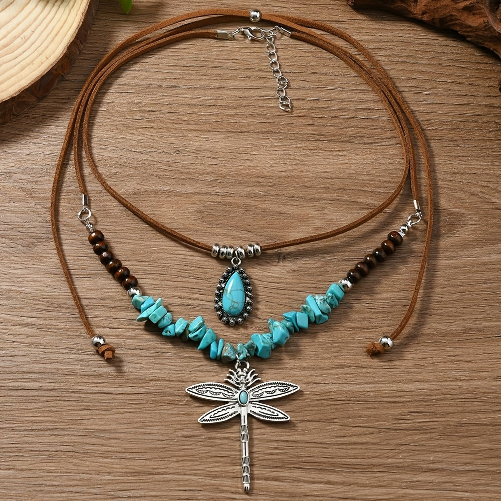 COLLAR BOHEMIO DOS PIEZA TURQUESA LIBÉLULA SUPERPUESTO