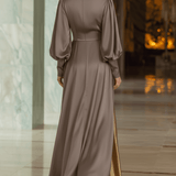 VESTIDO MAXI DE SATÉN TAUPE CON MANGAS ABULLONADAS - VALERINA MARBELLA