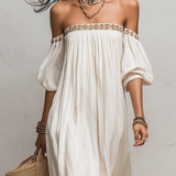 Bohemian Style Off-the-shoulder Pleated Ivory Long Dress