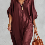 Burgundy Satin Loose-fitting Shirt Dress