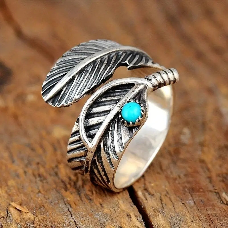 ANILLO BOHEMIO PLUMA TURQUESA STERLING PLATA