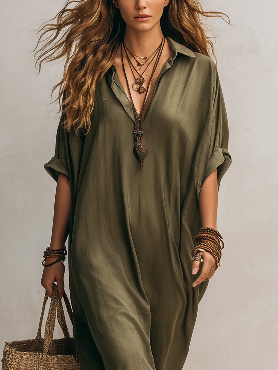 Relaxed-fit Green Satin Robe Dress