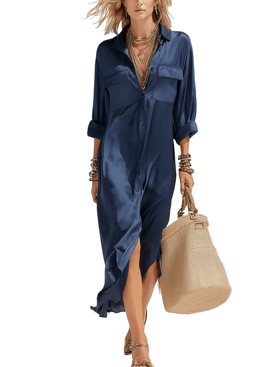 VESTIDO DE SATÉN AZUL PROFUNDO CON ABERTURA LATERAL - VALERINA MARBELLA