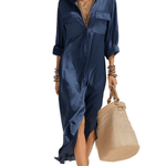 VESTIDO DE SATÉN AZUL PROFUNDO CON ABERTURA LATERAL - VALERINA MARBELLA