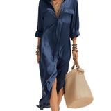 VESTIDO DE SATÉN AZUL PROFUNDO CON ABERTURA LATERAL - VALERINA MARBELLA