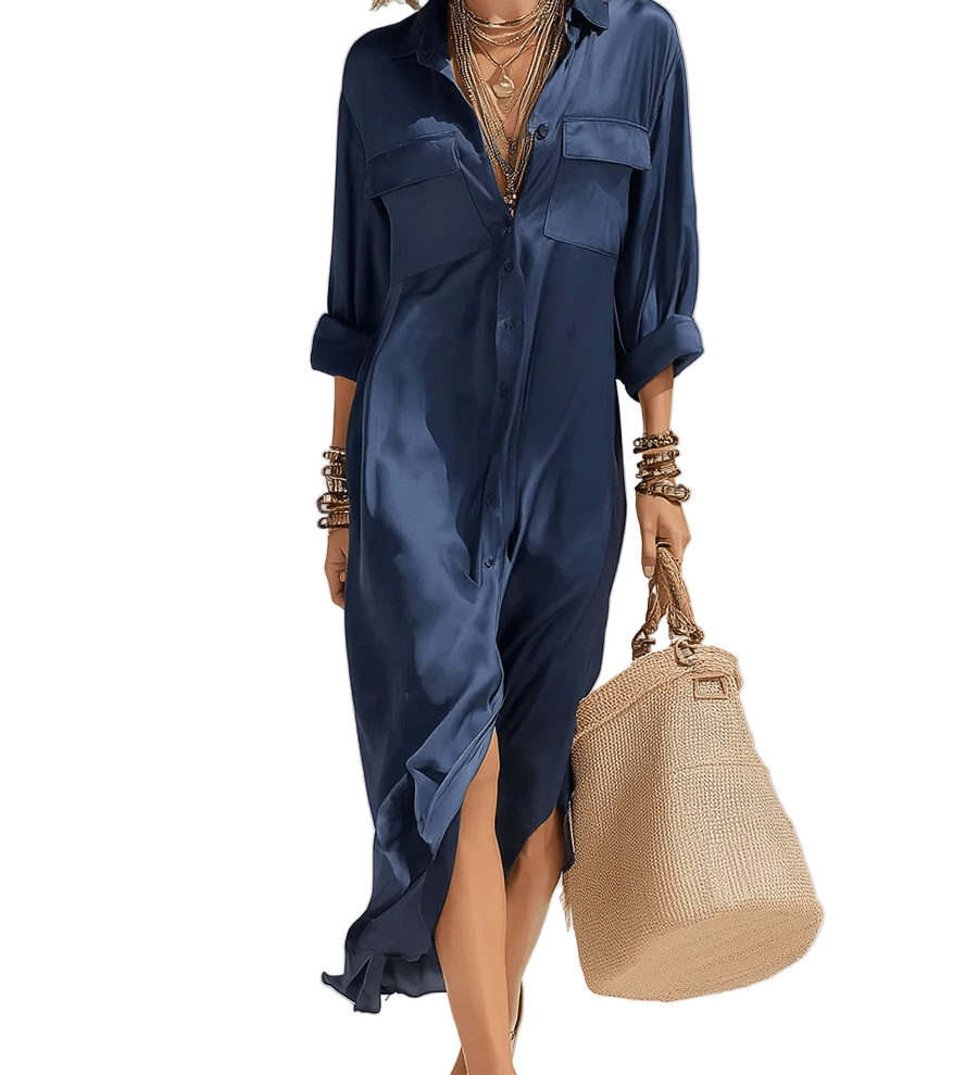 VESTIDO DE SATÉN AZUL PROFUNDO CON ABERTURA LATERAL - VALERINA MARBELLA