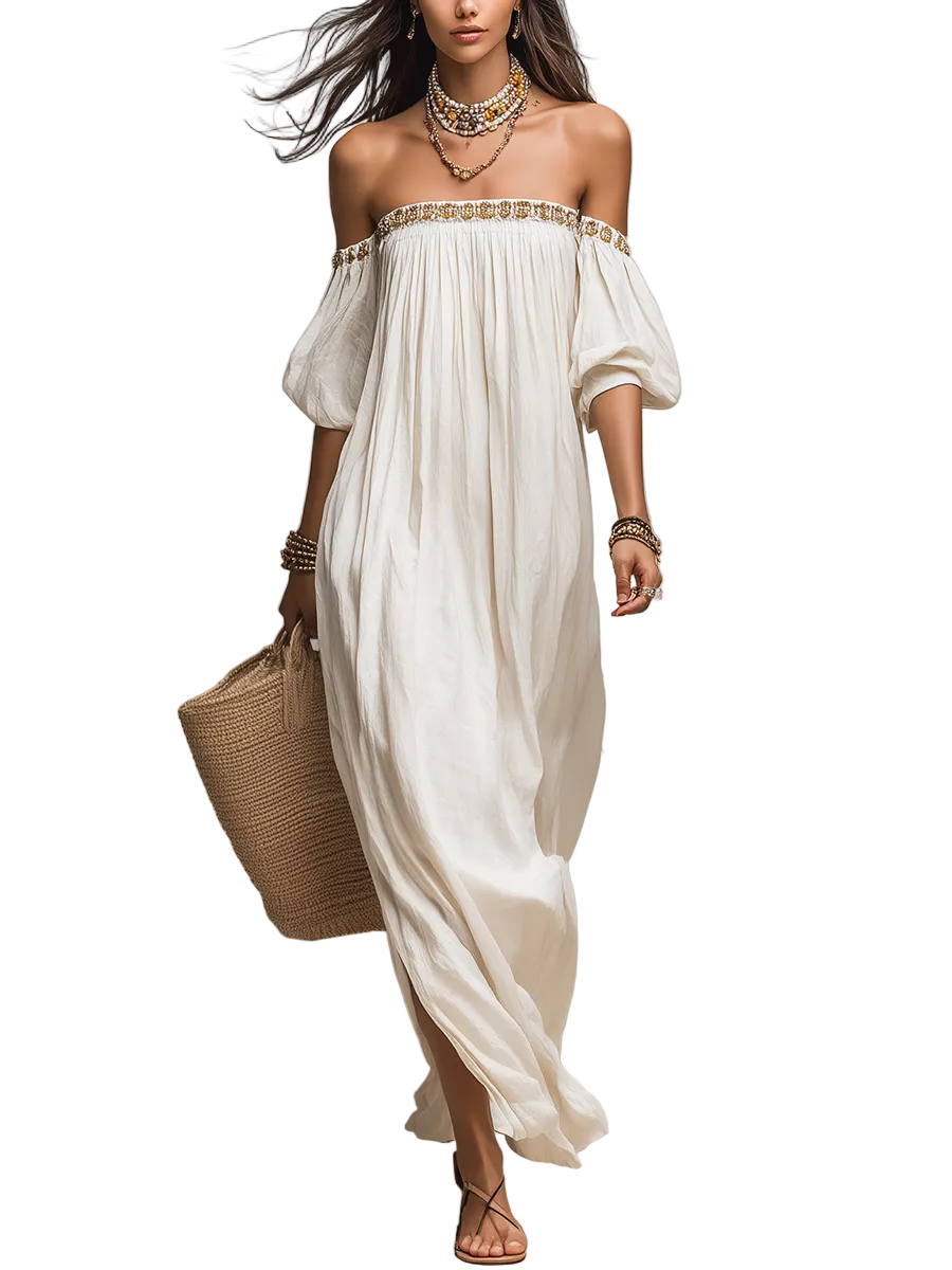 Bohemian Style Off-the-shoulder Pleated Ivory Long Dress