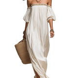 Bohemian Style Off-the-shoulder Pleated Ivory Long Dress
