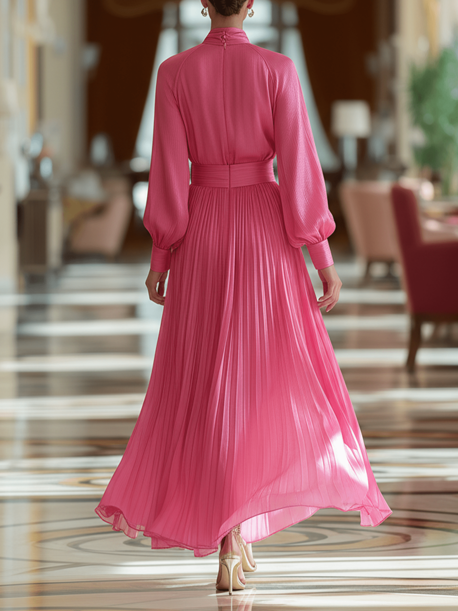 VESTIDO MAXI DE GASA FUCSIA CON LAZO - VALERINA MARBELLA