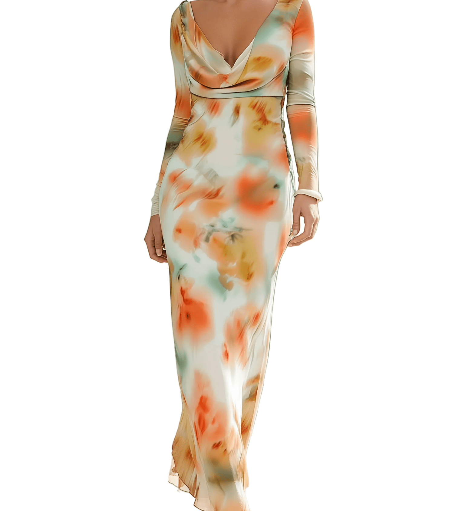 VESTIDO MAXI DE GASA CON ESTAMPADO ACUARELA ATARDECER - VALERINA MARBELLA