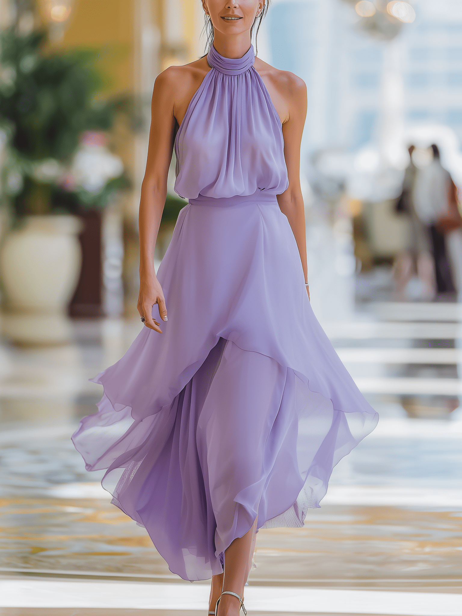 VESTIDO LARGO DE GASA LAVANDA CON CUELLO HALTER Y VOLANTES - VALERINA MARBELLA