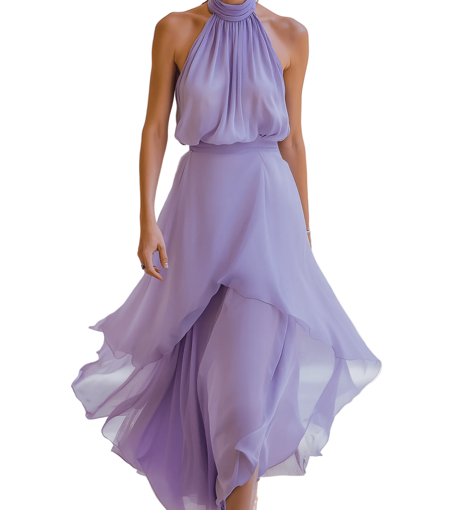 VESTIDO LARGO DE GASA LAVANDA CON CUELLO HALTER Y VOLANTES - VALERINA MARBELLA