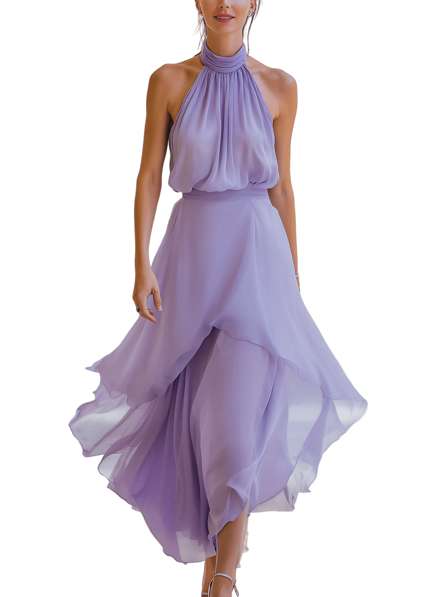 VESTIDO LARGO DE GASA LAVANDA CON CUELLO HALTER Y VOLANTES - VALERINA MARBELLA