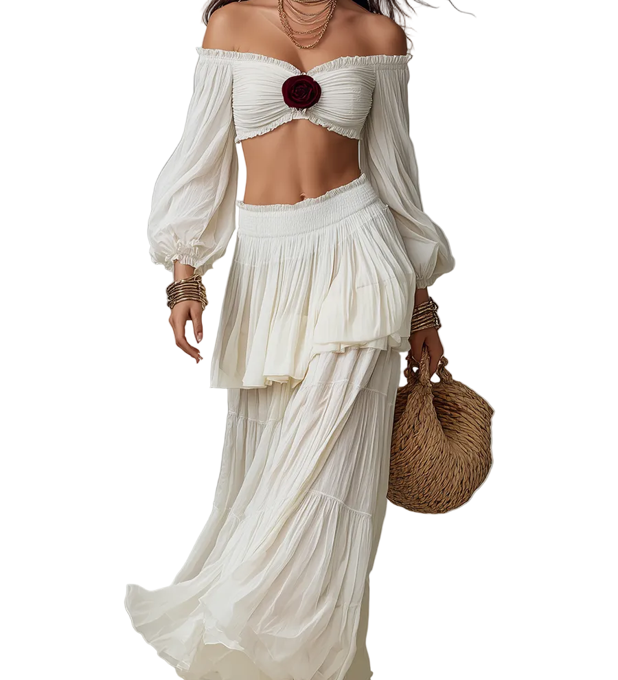 Bohemian Style | Crop Top + Ruffled Long Skirt Two-piece Set