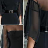 VESTIDO MIDI NEGRO CON CANESÚ TRANSPARENTE, MANGA CAPA Y CINTURÓN - VALERINA MARBELLA