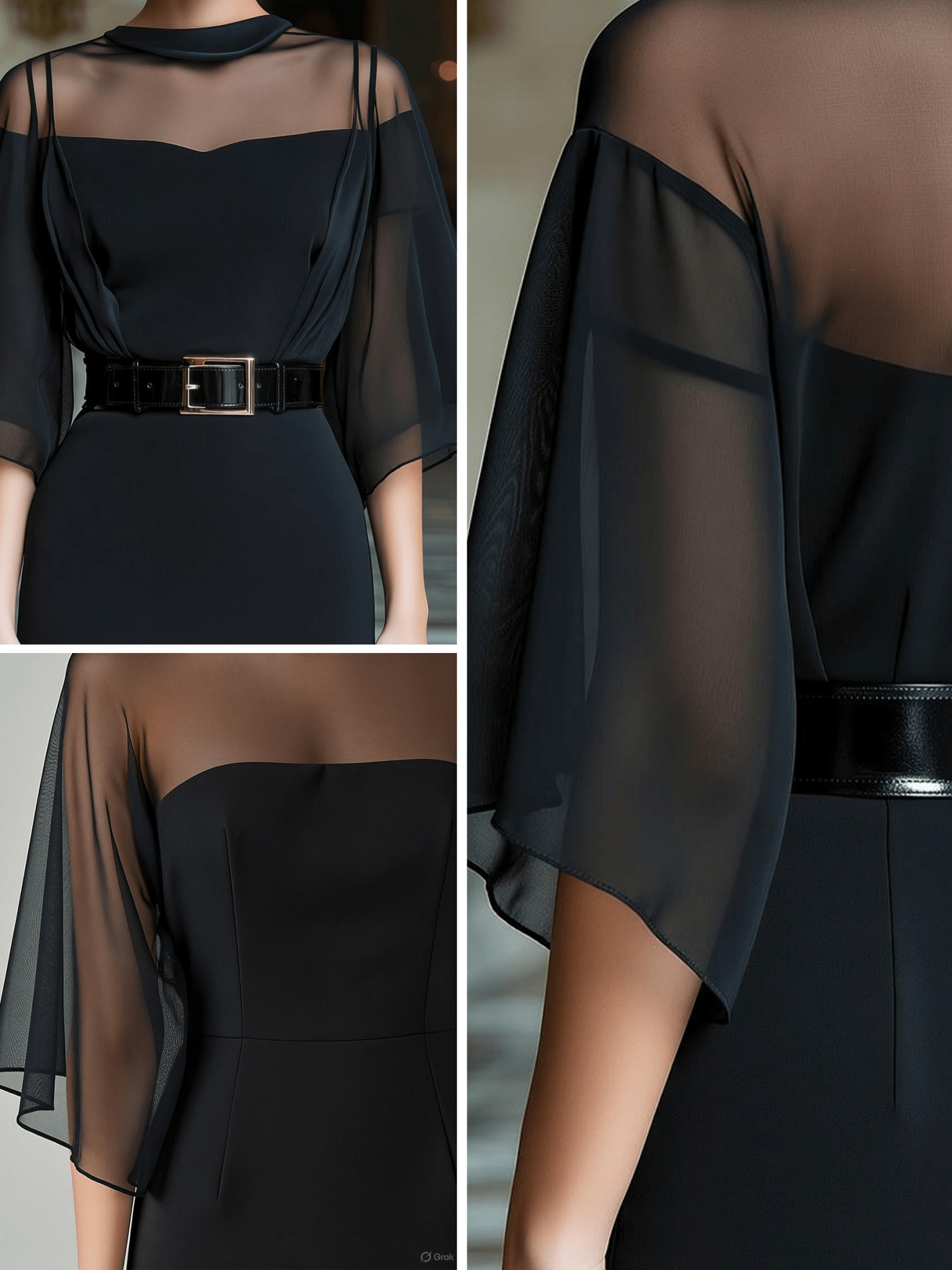 VESTIDO MIDI NEGRO CON CANESÚ TRANSPARENTE, MANGA CAPA Y CINTURÓN - VALERINA MARBELLA