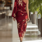 VESTIDO MIDI CON ESTAMPADO TROPICAL BURDEOS - VALERINA MARBELLA
