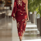 VESTIDO MIDI CON ESTAMPADO TROPICAL BURDEOS - VALERINA MARBELLA