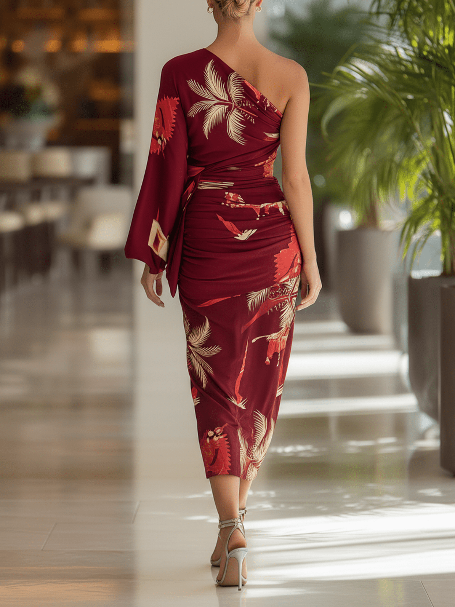 VESTIDO MIDI CON ESTAMPADO TROPICAL BURDEOS - VALERINA MARBELLA