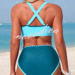 Stylish Color-blocked Trim High-waisted Two-piece Stretch Bikini Swimsuit