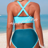 Stylish Color-blocked Trim High-waisted Two-piece Stretch Bikini Swimsuit