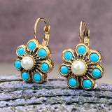 PENDIENTES VINTAGE STYLE TURQUESA Y PERLES FLOR