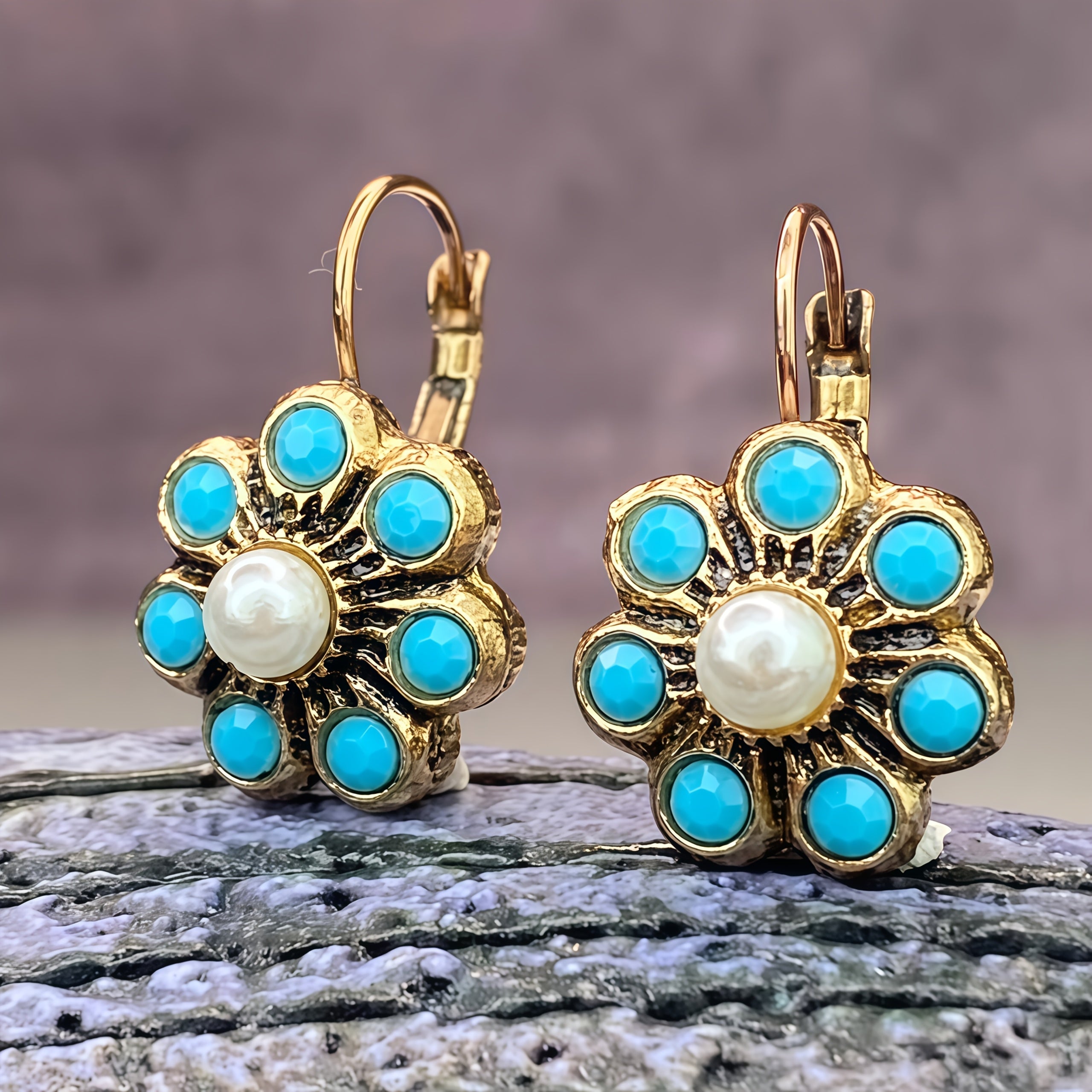 PENDIENTES VINTAGE STYLE TURQUESA Y PERLES FLOR
