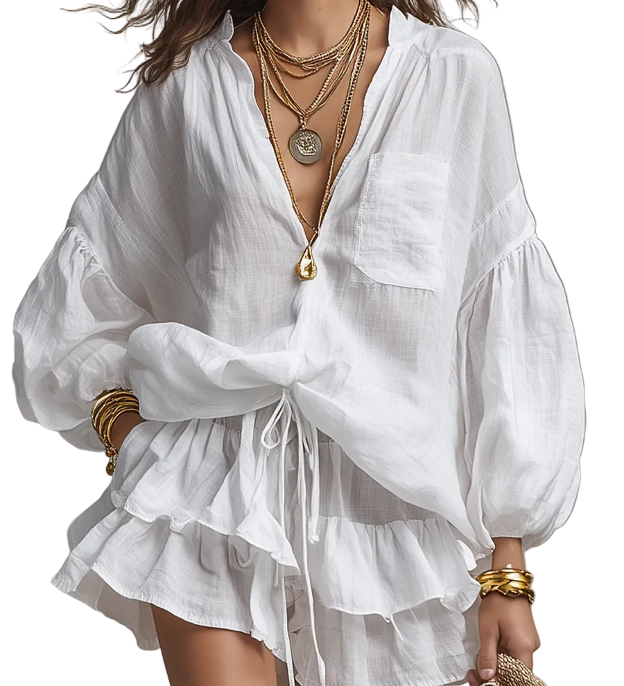 Airy Bohemian Tie-Front Top & Flowing Skirt Set