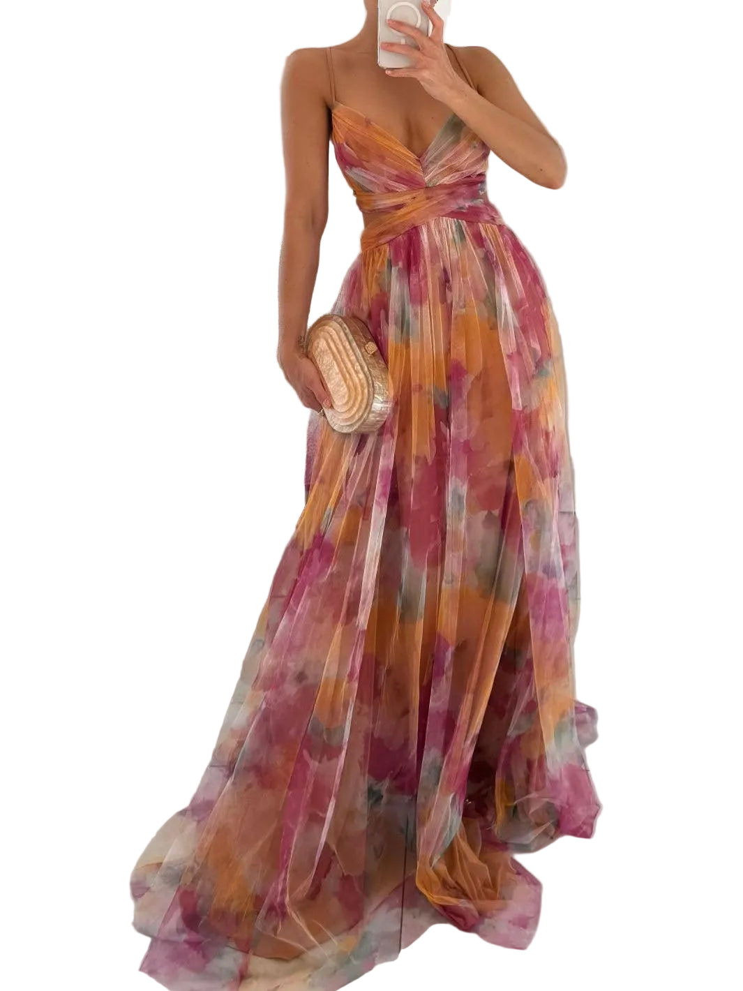 Elegant Painted Floral Print V-Neck A-Line Maxi Dress