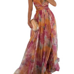 Elegant Painted Floral Print V-Neck A-Line Maxi Dress