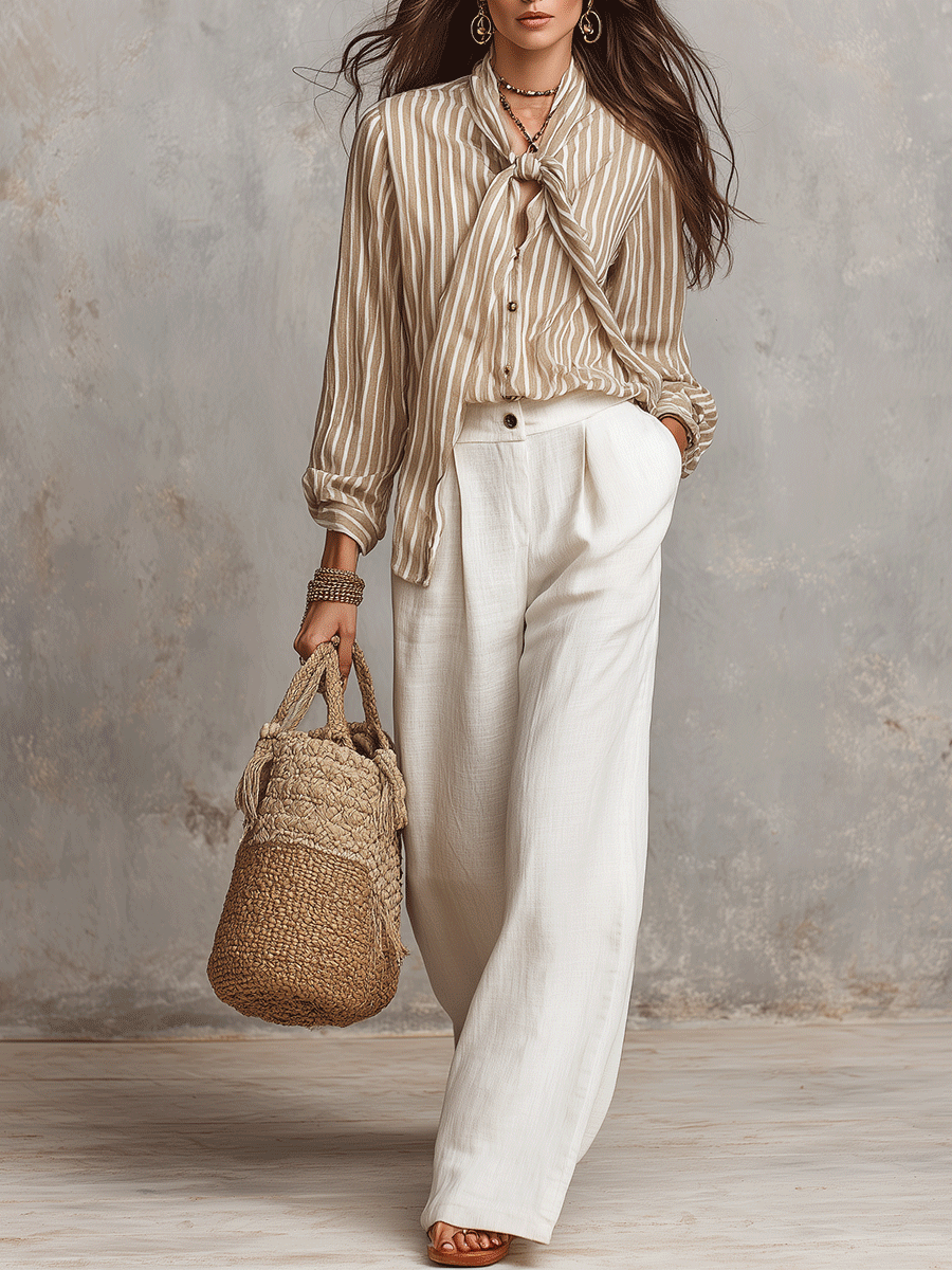 Quiet Bohemian Striped Tie-Neck Shirt