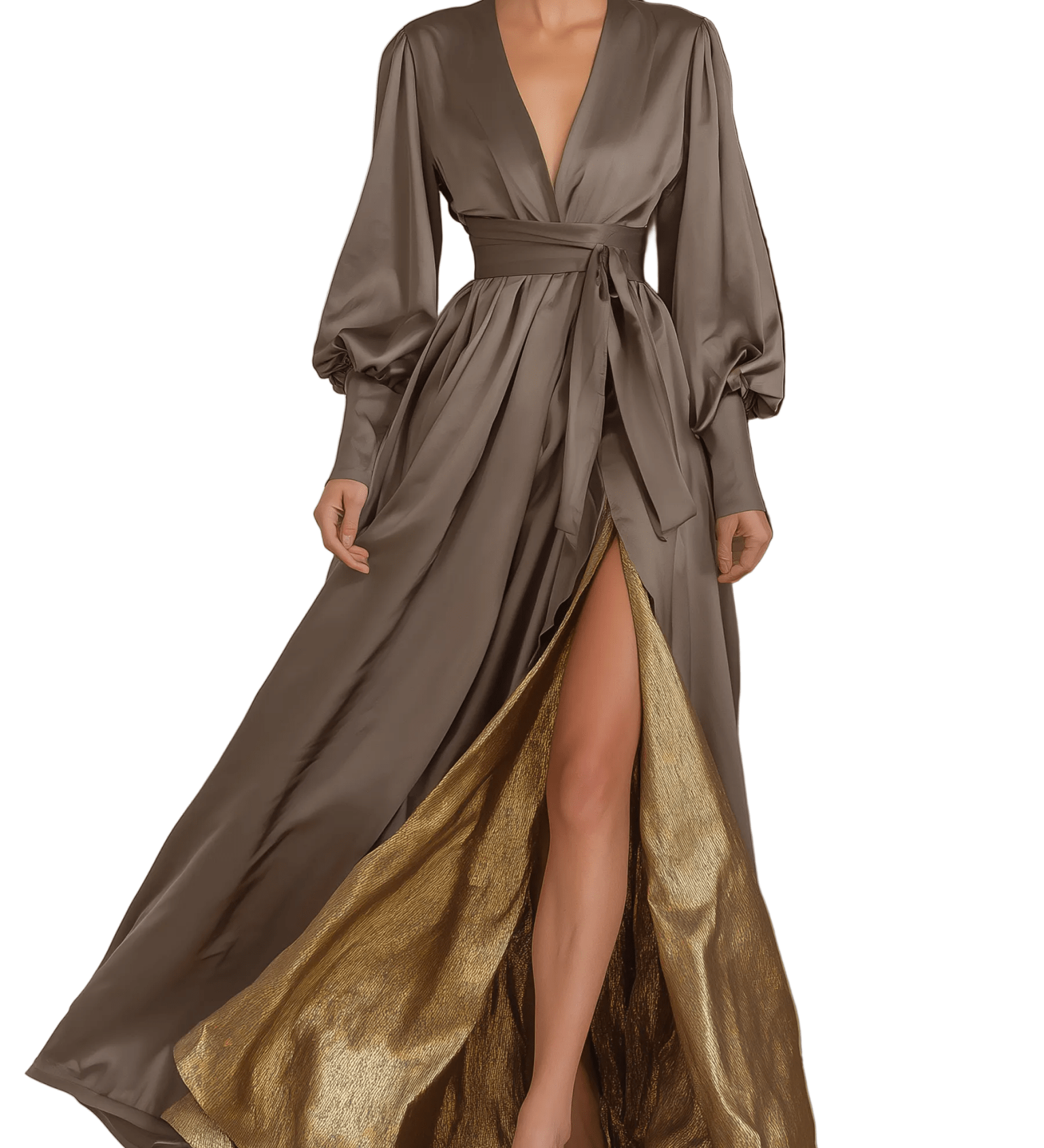 VESTIDO MAXI DE SATÉN TAUPE CON MANGAS ABULLONADAS - VALERINA MARBELLA