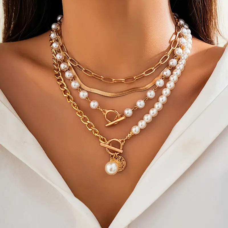 CONJUNTO VINTAGE PERLA & ORO SERPIENTE CADENA COLLAR | ORO