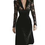 VESTIDO MIDI NEGRO DE ENCAJE Y TERCIOPELO CON CUELLO BLAZER - VALERINA MARBELLA