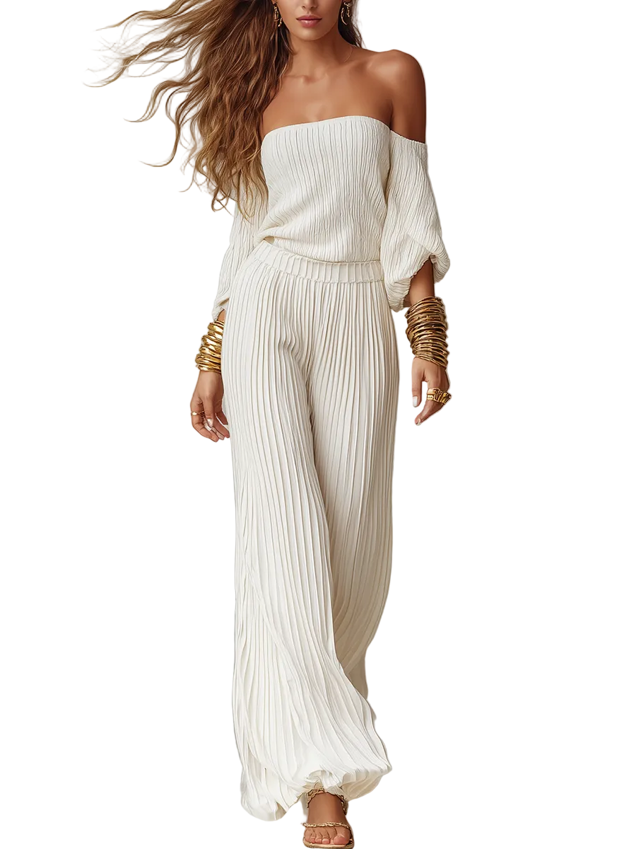 Boho Breeze Pleated Bardot Wide-Leg Jumpsuit