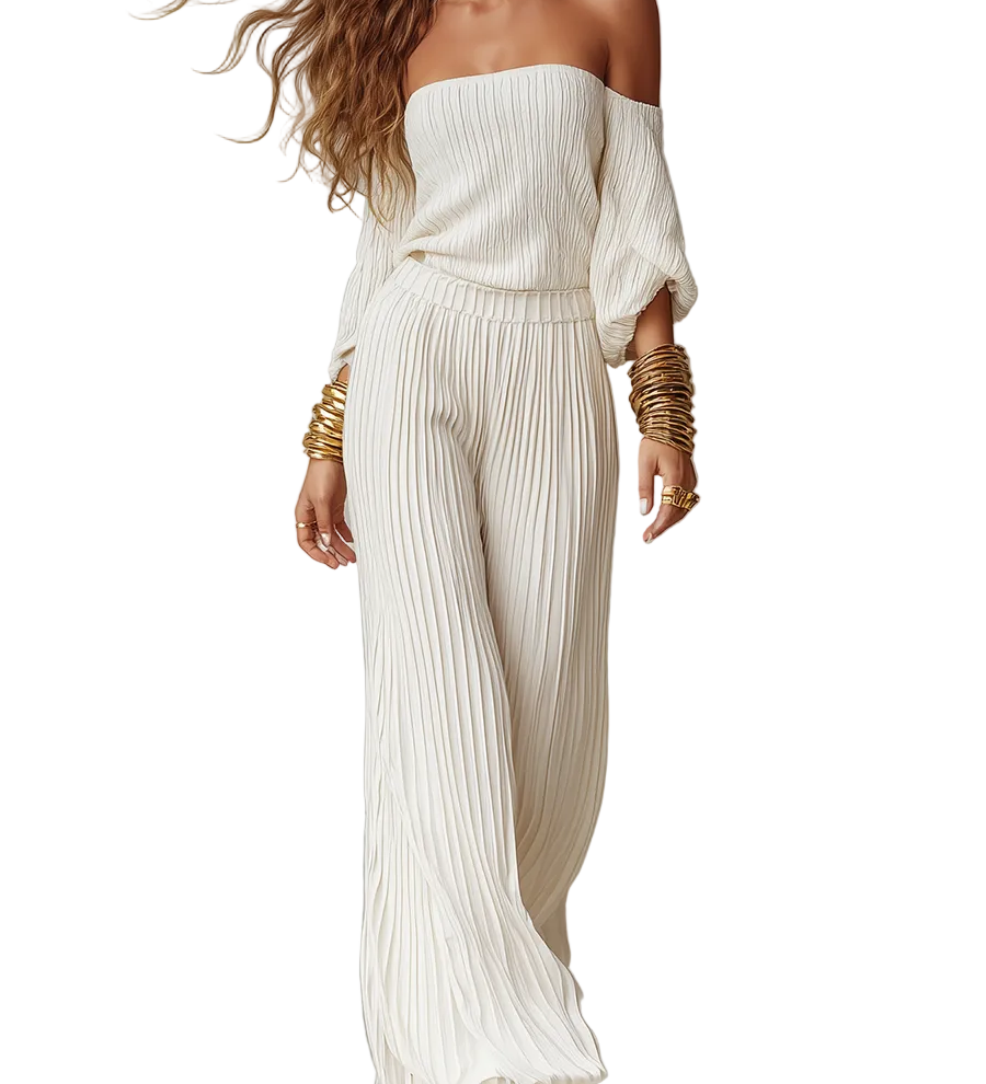 Boho Breeze Pleated Bardot Wide-Leg Jumpsuit