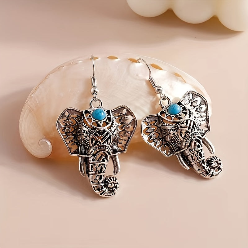 PENDIENTES VINTAGE TURQUESA ÉLÉPHANT PLATA PLAQUÉ BOHEMIO GOTA