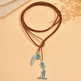COLLAR VINTAGE BOHEMIO TURQUESA PLUMA COLGANTE SUPERPUESTO