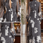 VESTIDO LARGO DE GASA FLORAL EN GRIS Y BLANCO - VALERINA MARBELLA