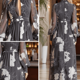 VESTIDO LARGO DE GASA FLORAL EN GRIS Y BLANCO - VALERINA MARBELLA