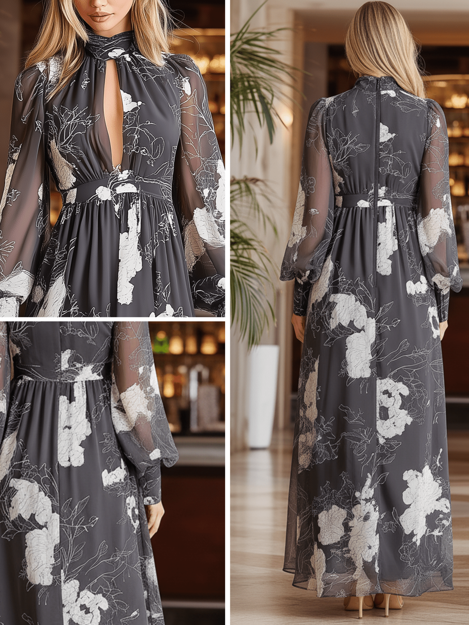 VESTIDO LARGO DE GASA FLORAL EN GRIS Y BLANCO - VALERINA MARBELLA