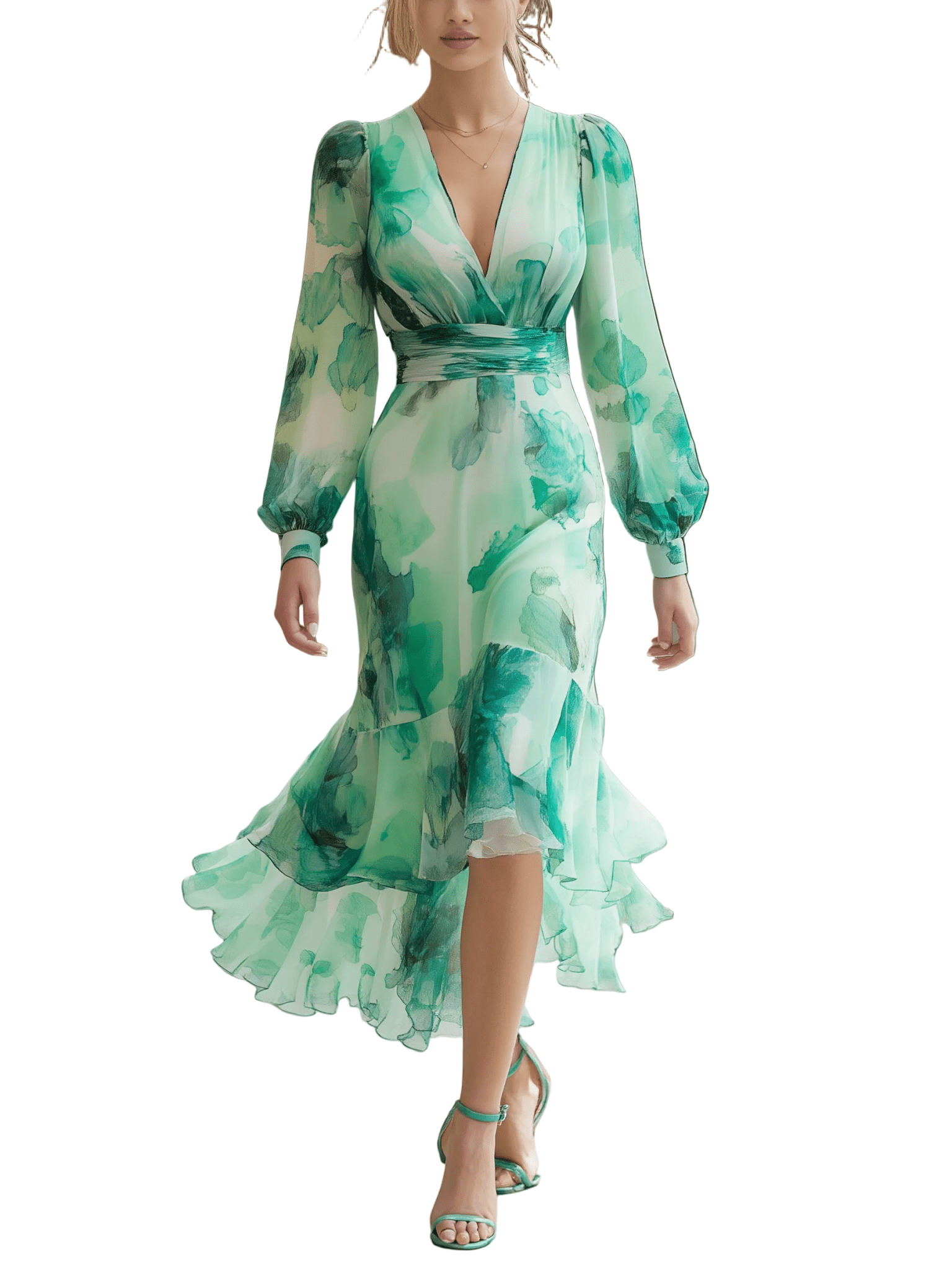 VESTIDO MIDI DE GASA VERDE MENTA FLORAL ACUARELA - VALERINA MARBELLA