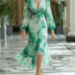 VESTIDO MIDI DE GASA VERDE MENTA FLORAL ACUARELA - VALERINA MARBELLA