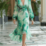 VESTIDO MIDI DE GASA VERDE MENTA FLORAL ACUARELA - VALERINA MARBELLA