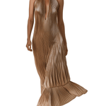 VESTIDO MAXI PLISADO DORADO METALIZADO CON CUELLO HALTER - VALERINA MARBELLA